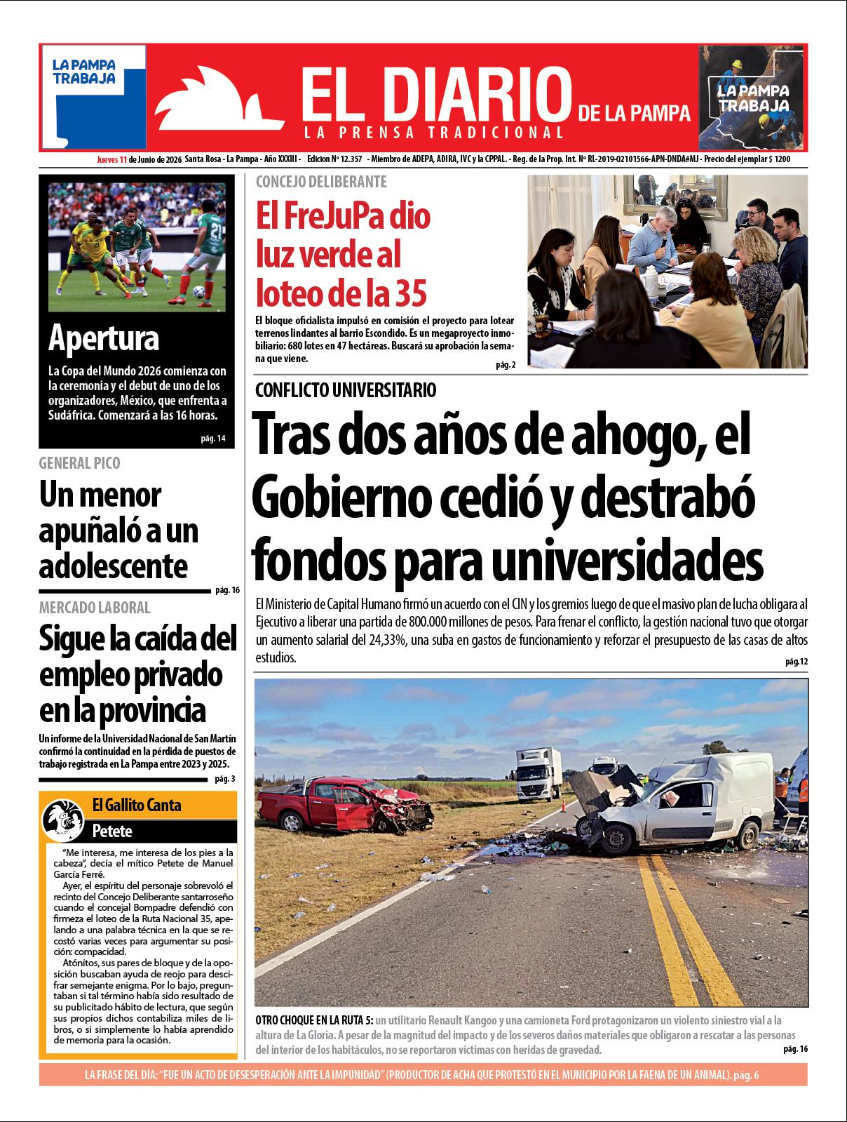 Tapa de El Diario en papel  jueves 11 de junio de 2026